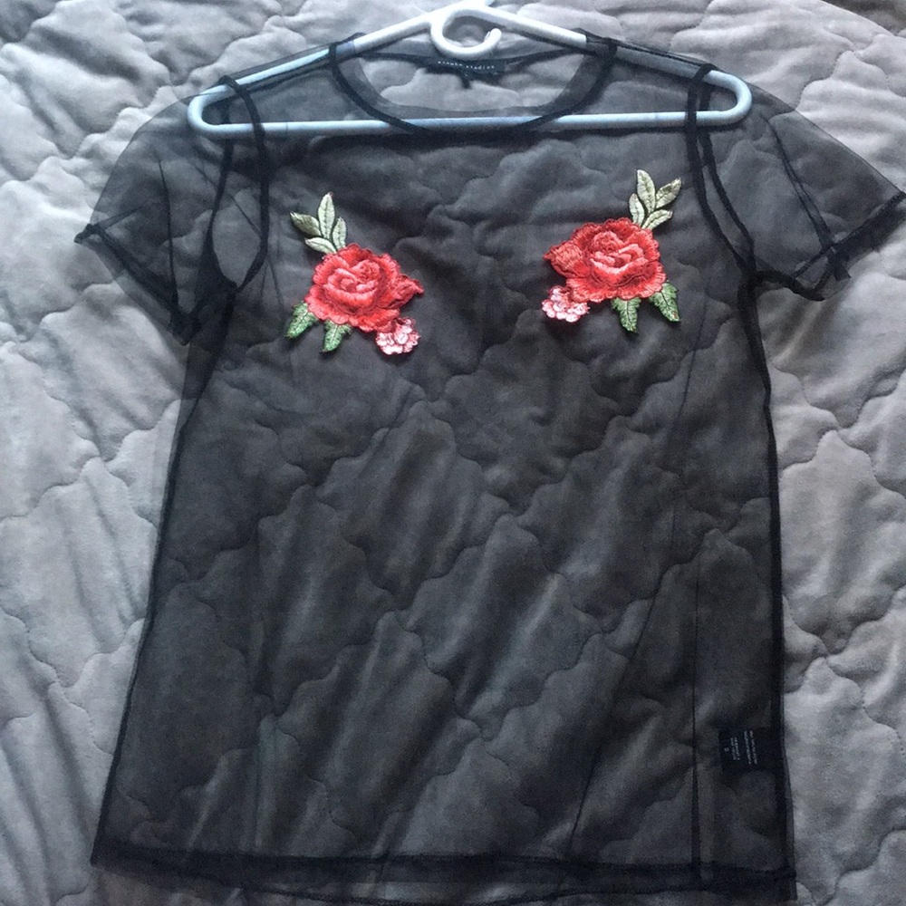 sheer black t-shirt with rose patches